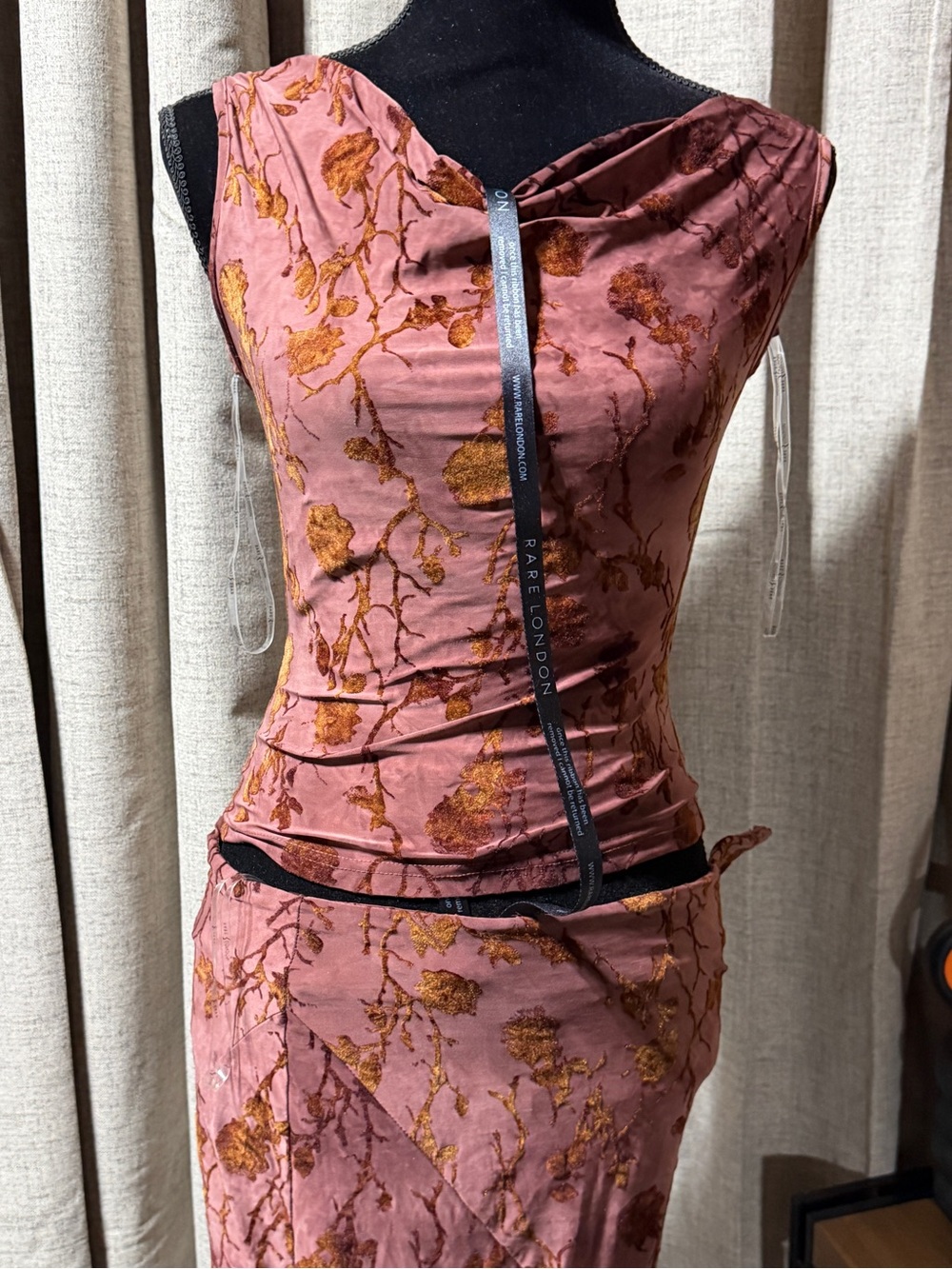 Rare London Rose-Pink One-Shoulder Draped Midi Dress with Gold Burnout